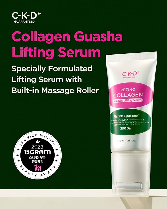 CKD Gua Sha Face Serum - Retinol Collagen Lifting Serum for Firming, Tightening, and Instant Face Lifting. Wrinkle Reduction with Massage Roller. Korean Skin Care. 1.35 fl oz-Velvo Beauty