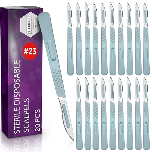 Disposable Scalpel Blades| #23 Sharp Carbon-Steel Blades | Pack of 20| Sterile Individual Pouches| for Dermaplaining, Podiatry, Crafts & More…-Velvo Beauty