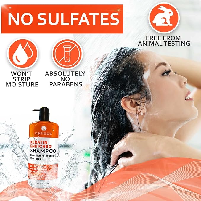 Keratin Enriched Shampoo - Sulfate and Paraben Free - Anti Frizz Treatment for Women and Men – Professional Salon Grade Repair Formula with Silk Protein for Dry, Frizzy Damaged and Color Treated Hair-Velvo Beauty
