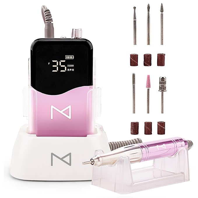 M Mase- Professional Nail Drill Machine - Coreless 2-in-1 Nail File - Electric, Cordless, 35000 RPM, HD Display - Electric Nail Drill for Professional & Home Use (Unicorn Pink)-Velvo Beauty