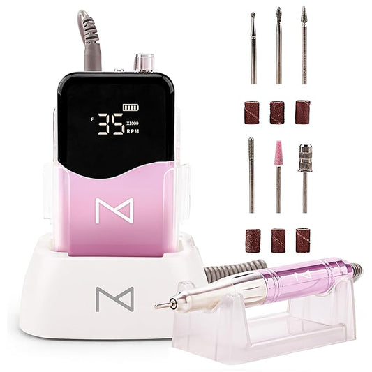 M Mase- Professional Nail Drill Machine - Coreless 2-in-1 Nail File - Electric, Cordless, 35000 RPM, HD Display - Electric Nail Drill for Professional & Home Use (Unicorn Pink)-Velvo Beauty