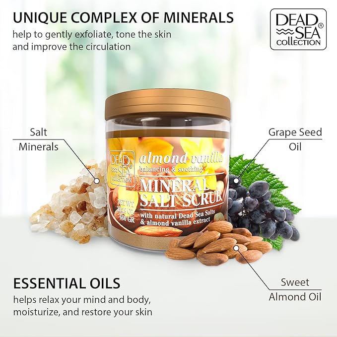 Dead Sea Collection Almond Vanilla Salt Scrub – Exfoliating Body Scrub for Women – Moisturizing and Nourishing Skin – with Pure Oils and Dead Sea Minerals (23.28 Oz)-Velvo Beauty
