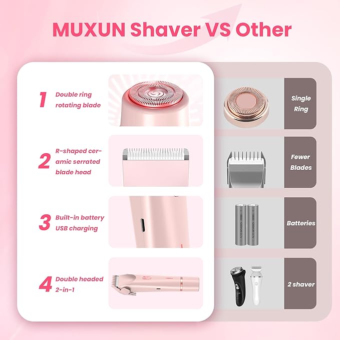 Bikini Trimmer for Women-2 in 1 Dual Head Electric Razors,USB Rechargeable Bikini Electric Shaver,IPX7 Waterproof Dry & Wet Use Body Hair Trimmer and Facial Hair Remover for Underarm Leg Body,Pink-Velvo Beauty