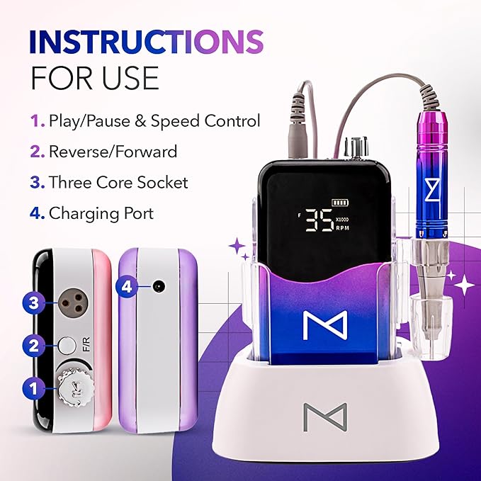 M Mase- Professional Nail Drill Machine - Coreless 2-in-1 Nail File - Electric, Cordless, 35000 RPM, HD Display - Electric Nail Drill for Professional & Home Use (Unicorn Pink Blue)-Velvo Beauty