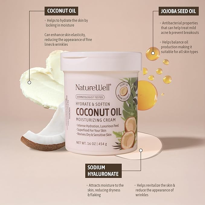 NATURE WELL Hydrate & Soften Coconut Oil Moisturizing Cream for Face, Body, & Hands, Non-Greasy, Intense Hydration & Luxurious Feel, Revives Dry & Sensitive Skin, Superfood for Your Skin, 16 Oz-Velvo Beauty