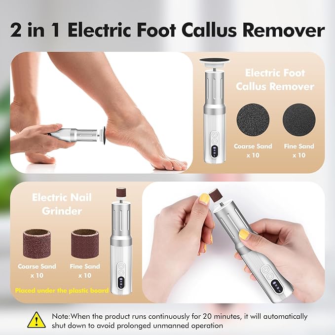 Electric Foot Callus Remover Cordless Electric Foot Filer Kit with 6Speeds Chagring Dock Callus Remover for Women Men Feet and Nail (White)-Velvo Beauty