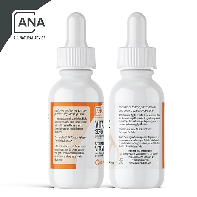 All Natural Advice Vitamin C Serum 30mL | 20% Vitamin C Face Serum Solution with Organic Botanicals, Hyaluronic Acid & Vitamin E | UV-Shielding Glass Bottle with Dropper | Canadian Skin Care-Velvo Beauty