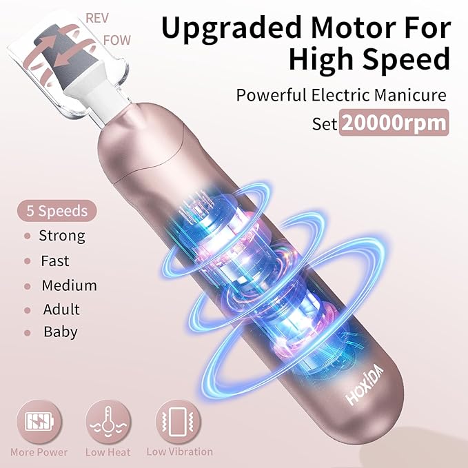 Manicure Pedicure Kit with Case, Professional Nail Grinder for Senior Thick Toenail, Cordless Electric Nail File, 5 Speeds Pedicure Tools for feet Callus Remover, Nail Drill for Women Hand Feet Care-Velvo Beauty