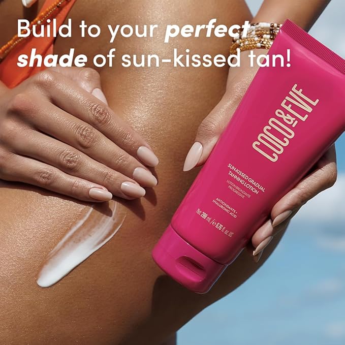 Coco & Eve Sun-kissed Gradual Tanning Lotion - Natural Sunless Moisturizing Tanner with 72H Hydration & Streak-Free, Buildable Glow. Skincare-Infused with Antioxidants and Hyaluronic Acid (6.76 fl oz)-Velvo Beauty