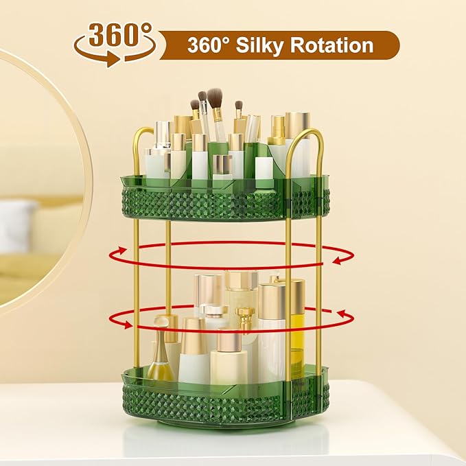 360° Rotating Makeup Organizer 2 Tier, Large Skincare Clear Make Up Storage Spinning Perfume Organizers for Bathroom Counter Dresser, Green-Velvo Beauty