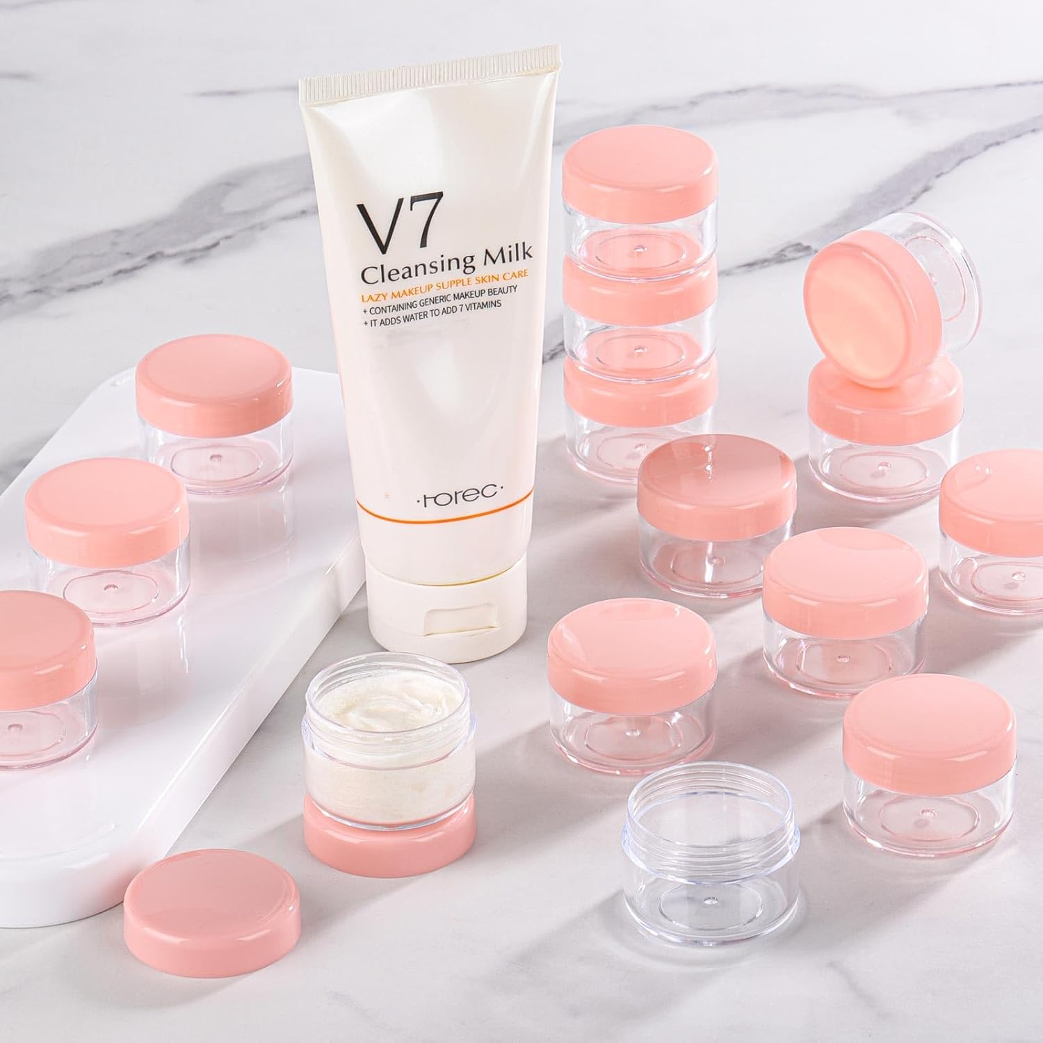 Refillable Cosmetic Sample Jars - 100 Pack 15g (0.5oz) Pink Small Travel Containers with Lids + 10 Mini Makeup Spatulas - BPA Free-Velvo Beauty