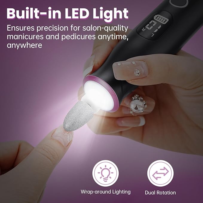 Electric Nail Drill, Cordless 2000 mAh Rechargeable Portable Nail File 12 in 1 Kit for Thick Toenails, 10 Speeds Nail Dril Machine Professional Manicure Pedicure for Hand Natural Nails Care (Black)-Velvo Beauty