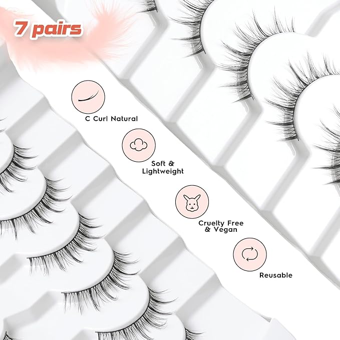 Manga Lashes Natural False Eyelashes 10MM Short Anime Lashes Thin Band Korean Lashes 3D Volume Strip Lashes Wispy Manhua Eyelashes 7 Pair Asian Lashes Siligli-Velvo Beauty