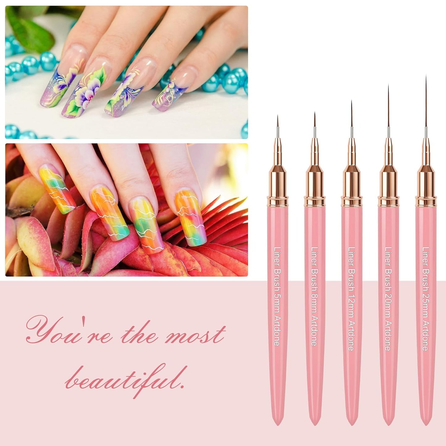 Artdone Metallic Nail Art Pens, Liner Brushes Set, 5PCS Pink Color Nail Tools For Long Lines, Thin Details, Fine Drawing, Liner Brush UV Gel Polish Painting Nail Design Sizes 5/8/12/20/25mm-Velvo Beauty