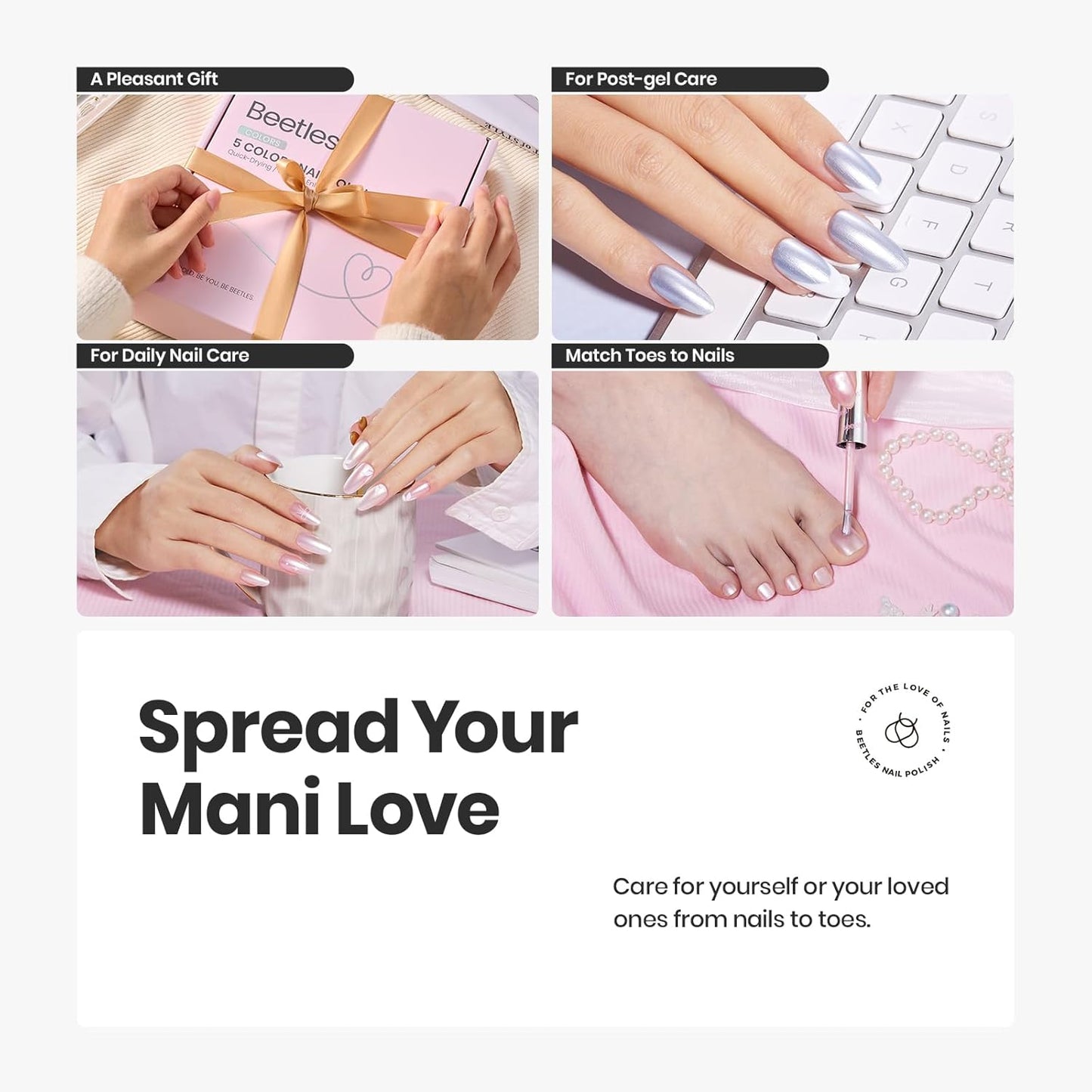 Beetles Pearl Nail Polish Set 7Pcs, Nude Pink Frosty Blue Beige Quick-drying Nail Polish Kit, with 2 IN 1 Base & Top Coat and Cuticle Serum 20ml All-in-One Care Nails Gift Sets-Velvo Beauty