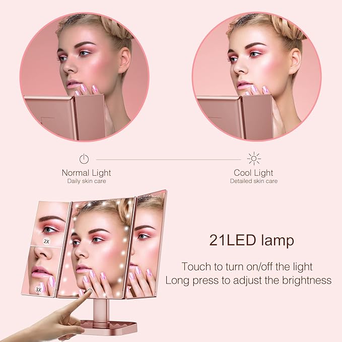 HUONUL Makeup Mirror, 10X 3X 2X Magnification, Lighted Makeup Mirror, Touch Control, Dual Power Supply, Portable LED Mirror, Women Gift (Rose Gold)-Velvo Beauty