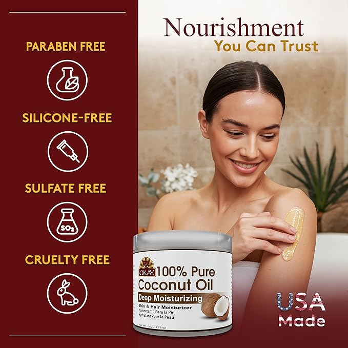 Okay 100% Pure Coconut Oil for Hair & Skin - Coconut Oil for Women & Men, Perfect for Hair & body, Natural Massage Oil & Moisturizer - 6 fl oz Jar (Pack of 1)-Velvo Beauty