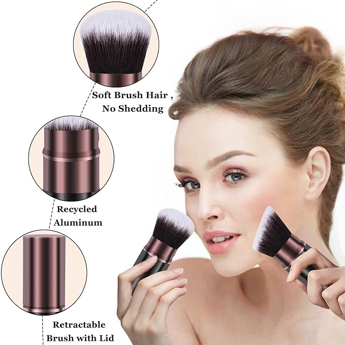 Retractable Makeup Brush, Travel Kabuki Powder Makeup Brush 2 Pack, Foundation Face Blush Brushes for Blending Liquid, Blush, Bronzer, Buffing, Sunscreen,Flawless Cosmetics-Velvo Beauty