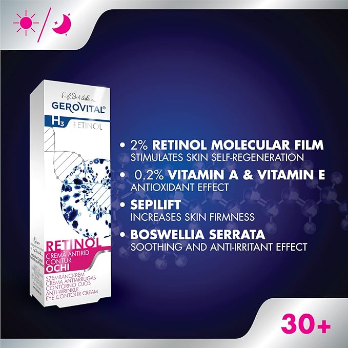 GEROVITAL RETINOL Anti-Wrinkle Eye Contour Cream with Retinol, Sepilift, and Vitamins A and E, Prevents and Reduces Wrinkles, 15 mililiters-Velvo Beauty
