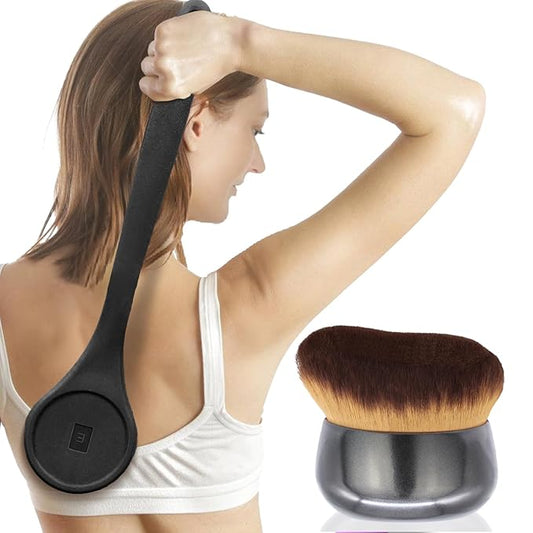 Extra Large Body Makeup Brush For Self Tanner, Sunscreen, Self Tan Back Applicator, Wide-Headed Kabuki Brush for Even& Pretty Lotion Application. Bronzer Blend, Long-Handle Face Leg Brush- Black Set-Velvo Beauty