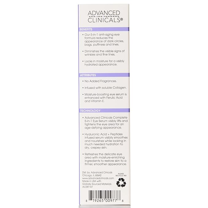 Advanced Clinicals 5-in-1 Eye Serum | Multi-Benefit Visible Anti Aging Under Eye Serum Face Moisturizer Reduces Appearance Of Dark Circles, Puffy Eyes, Crows Feet, Wrinkles, & Fine Lines, 2-Pack-Velvo Beauty