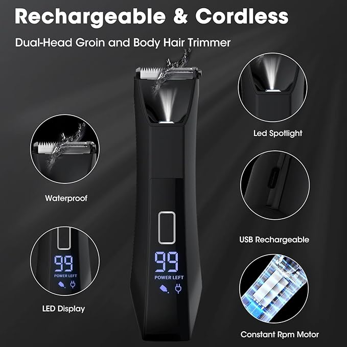 2-in-1 Manscape Trimmer for Men,Body & Groin Hair Trimmers for Men,Bikini Trimmer Women- Wet/Dry Electric Razors for Smooth No-Nick Shaving,IPX7 Waterproof Ball Shaver,LED Display,Black-Velvo Beauty