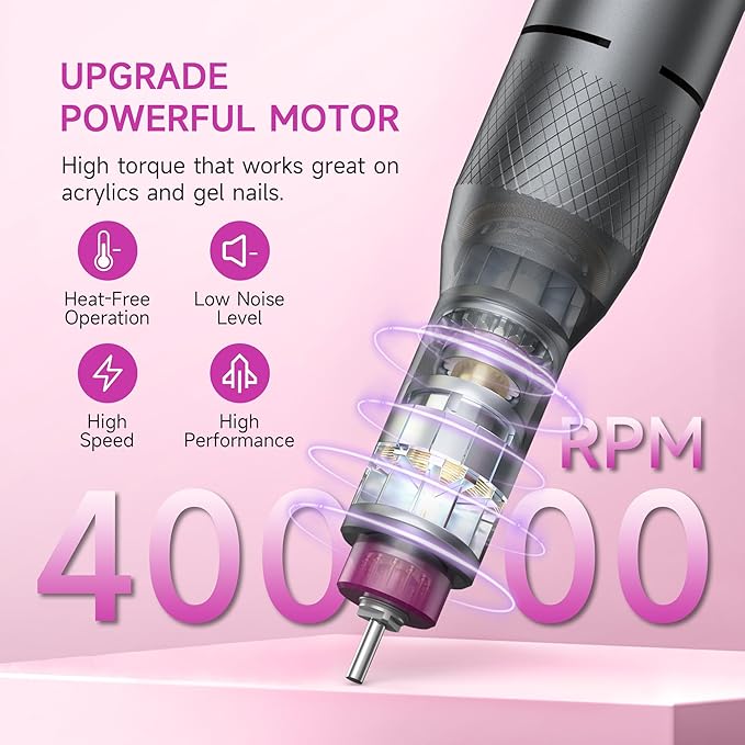 Electric Nail Drill Professional, Portable Nail File for Acrylic Gel Nails, Cordless Rechargeable Ultra Power Nail Drill Kit 40000RPM, HMC320 Salon-Grade Efile Nail Machine (Dark Grey)-Velvo Beauty