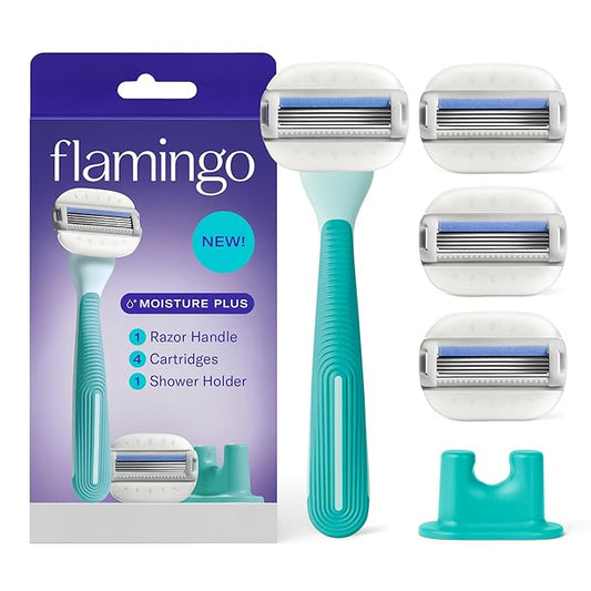 Flamingo Moisture Plus Women's Razor Set - Razor Handle, 4 Blade Refills, Shower Holder - Seafoam-Velvo Beauty