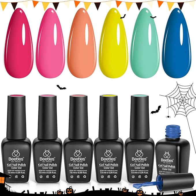 Beetles Gel Nail Polish Set, 6 Colors Bright Rainbow Nail Art Orange Blue Pink Green Neon Gel Polish Kit Soak Off UV Gel DIY Nail Art for Women Pool Party Holiday Manicure-Velvo Beauty