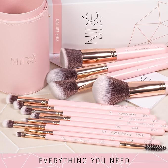 Niré Beauty 15piece Award Winning Pink Makeup Brushes: Pink Makeup Brush Set with Case, Makeup Sponge, Brush Cleaner, Guide, Gift Box-Velvo Beauty