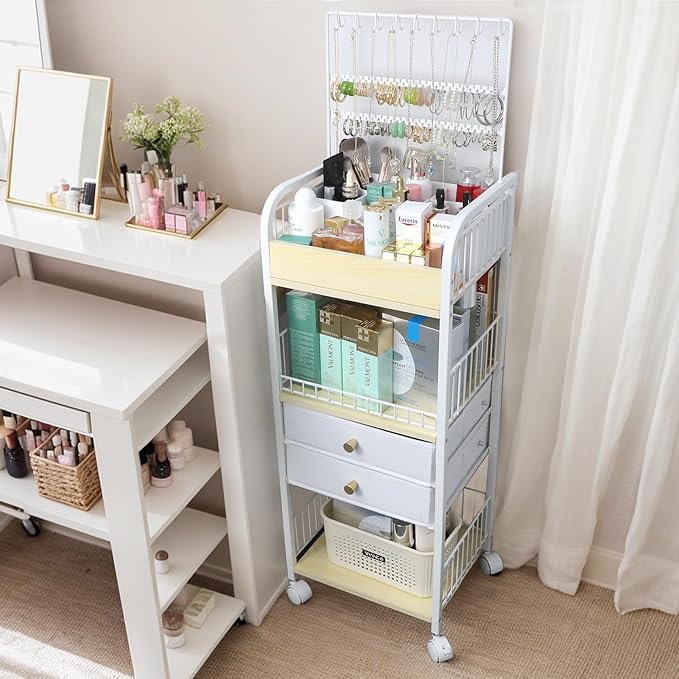 YGJT Makeup Organizer, Floor Skincare Cosmetics Organizer with Drawers, Jewelry Organizers and Storage for Earring Necklace, Vanity Organizer for Skin Care Perfume Makeup Brush Nail Polish Hair Tool-Velvo Beauty