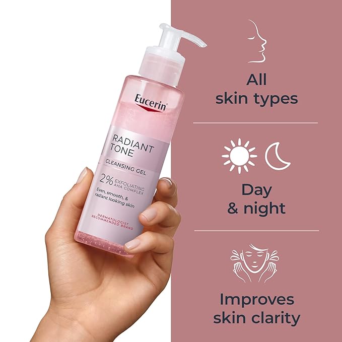Eucerin Radiant Tone Face Cleanser Gel with 2% Exfoliating AHA Complex, Gentle Face Wash Improves Skin Clarity and Boosts Radiance, All Skin Types, 6.8 Fl Oz Bottle-Velvo Beauty