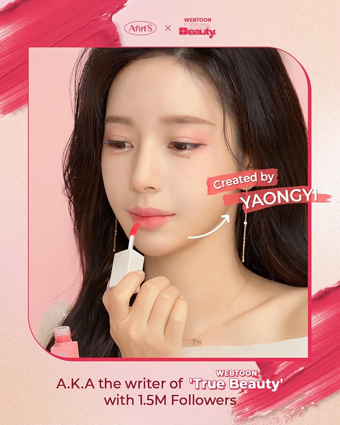 AMTS Webtoon True Beauty - 01 Some Love | Pink Lip Tint Stain | High Pigment Liquid Waterful Shine Non-Sticky Long-Wearing Long-Lasting | True Beauty Cute Pink Makeup-Velvo Beauty