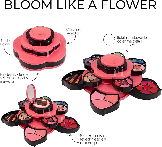 Toysical Makeup Kit for Teens - Flower Makeup Palette Gift Set for Teen Girls and Women - Makeup for Girls 10-12 - Petals Expand to 3 Tiers - Variety Shade Array - Full Starter Kit for Beginners-Velvo Beauty