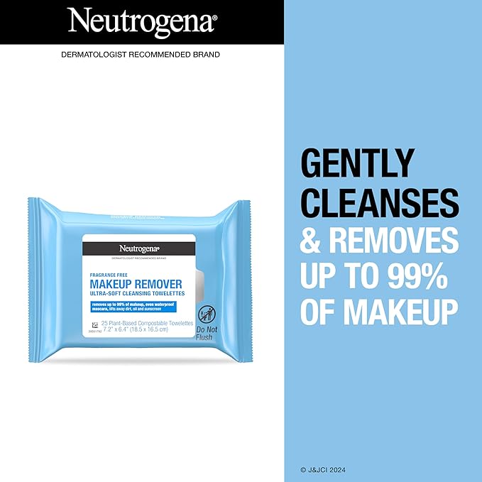 Neutrogena Fragrance-Free Makeup Remover Wipes, Daily Facial Cleanser Towelettes, Gently Removes Oil & Makeup, Alcohol-Free Makeup Wipes, 25 ct-Velvo Beauty