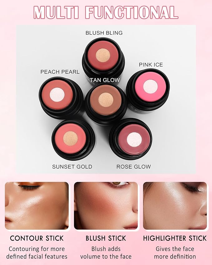 Cream Blush Stick Makeup for Cheeks, Multi Blush & Highlighter Contour Stick, Long Lasting Waterproof Creme Blush Bronzer Stick, Lightweight Matte and Dewy Finish, Face Shaping Makeup for Women-05-Velvo Beauty