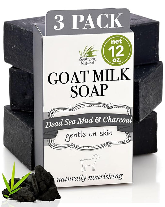Southern Natural Activated Charcoal Soap Bar (3 Pack) Face and Body Soap For Sensitive Skin With Dead Sea Mud, Goat Milk & Peppermint Essential Oil-Velvo Beauty