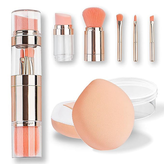 kullder 5-in-1 Makeup Brush Travel Makeup Brush set Dual Ended Mini Makeup Brush Pen Foundation Powder Concealer Shadow Blush Makeup Brushes with 2 Sponge Puff Womens Gift Idea for Beauty Lover-Velvo Beauty