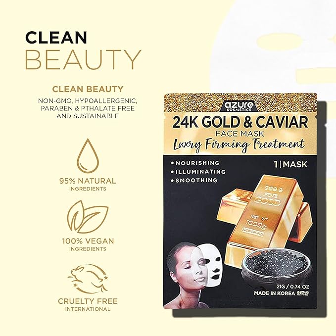 AZURE 24K Gold and Caviar Anti Aging Luxury Face Mask - Hydrating & Firming Facial Mask - Helps Reduce Wrinkles & Fine Lines with Hyaluronic Acid & Collagen - Skin Care Made in Korea - Pack of 10-Velvo Beauty
