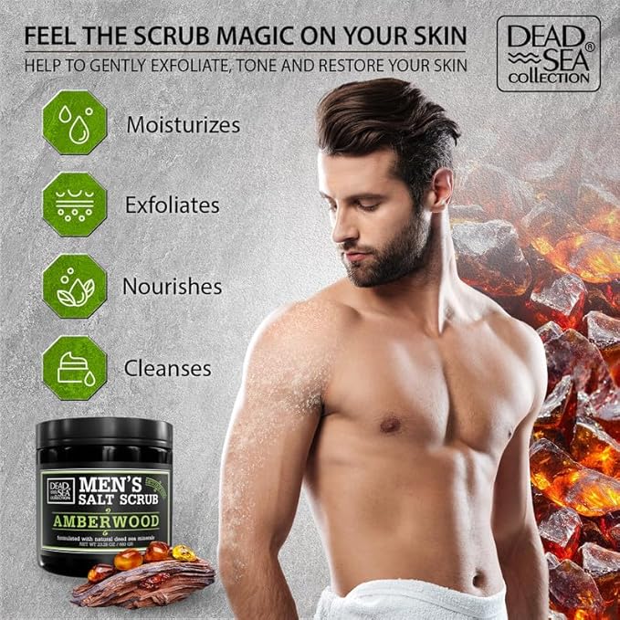 Salt Body Scrub Amberwood For Men – Moisturizes, Exfoliates & Nourishes Skin – Cleanses & Detoxifies with Dead Sea Minerals - Dead Sea Collection – 23.28 OZ-Velvo Beauty