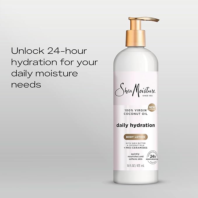 SheaMoisture Daily Hydration Body Lotion with 100% Virgin Coconut Oil, Shea Butter, Coconut Milk and Pro-Ceramides, Quickly Nourish & Soften Skin, 24H Moisturizing 16 oz-Velvo Beauty