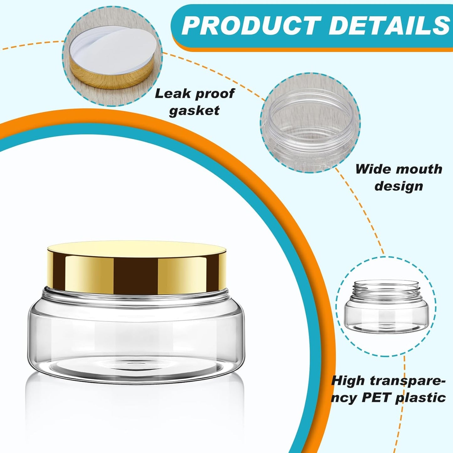 Tessco 24 Pack Plastic Jars with Lids Labels Empty Clear Plastic Jars Round Refillable Cosmetic Containers Body Butter Containers Bulk Sugar Scrub Bottle for Make Up(5 oz,Gold)-Velvo Beauty