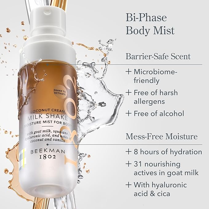 Beekman 1802 Coconut Cream Milk Shake - Body Mist - 2.0 fl. oz - With Hyaluronic Acid & Jojoba Oil - Instantly Moisturizes, Hydrates & Softens - Good for Sensitive Skin - Cruelty Free-Velvo Beauty
