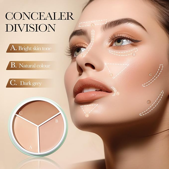 Full Coverage Concealer Palette Tri-Color Correcting Cream Foundation Makeup, Conceal Redness, Dark Circles & Acne Marks, Long-lasting Waterproof Fawless Blendable Brighten Contour Palette-Velvo Beauty