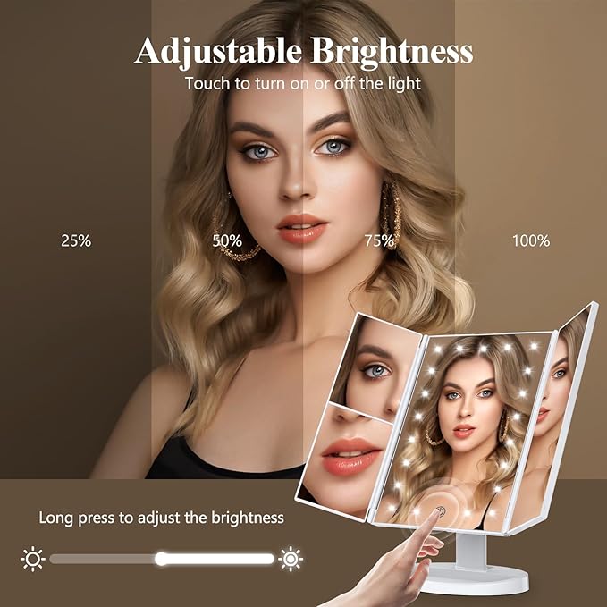 HUONUL Makeup Mirror Vanity Mirror with Lights, 2X, 3X, 10X Magnification, Touch Control, Trifold, White, 9.4" L x 13.4" W, Modern Style, Dresser Mount, Bathroom-Velvo Beauty
