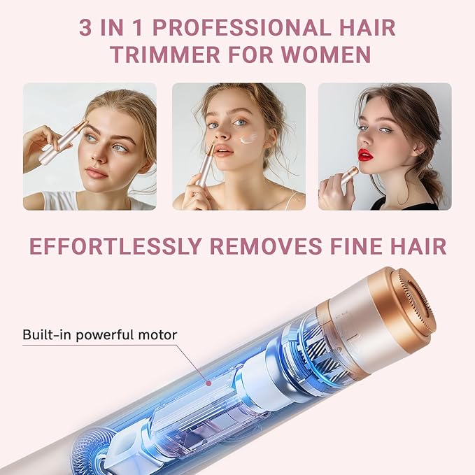 Electric Eyebrow Trimmer, 3 in 1 Facial Hair Remover for Women, Waterproof Rechargeable Hair Shaver for Face Eyebrow Leg Bikini Nose, Painless Facial Razor Epilators with 3 Guide Combs-Velvo Beauty