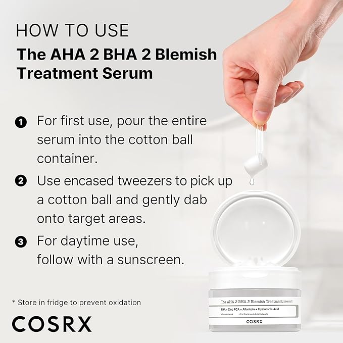 COSRX AHA 2% BHA 2% Blemish Treatment Serum, 60+ Pure Cotton Balls, Quick & Easy Daily Spot Treatment, Blackheads & Whiteheads, Sebum Control, Paraben Free, Phthalates Free, Korean Skin Care-Velvo Beauty