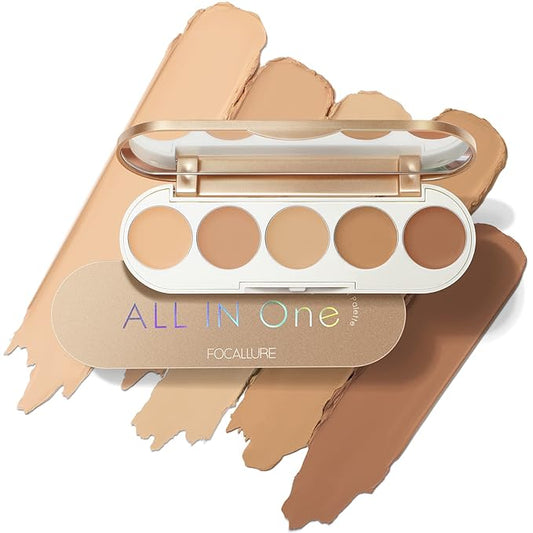FOCALLURE #GoldenAge 5 in 1 Multi Uses Concealer Palette, 5 Colors Correcting Conceal Palette, Camouflage Contour Palettes for Dark Circles, Face Contouring Highlighter Pallet, NE02 MEDIUM-DEEP-Velvo Beauty
