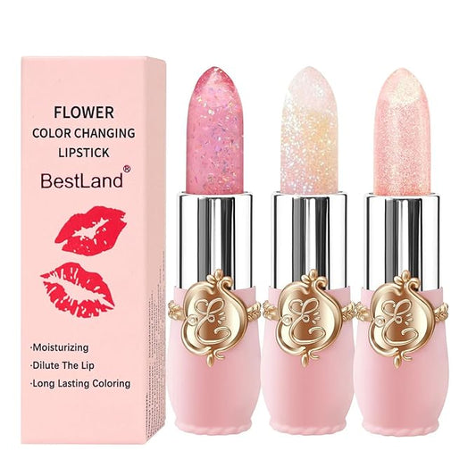 3 Pcs/Set Flower Jelly Lipstick Set Temperature Change Moisturizer Long Lasting Nutritious Glossy Shine Lip Balm Magic Gold Crystal PH Color Change Lip Gloss for Women-Velvo Beauty