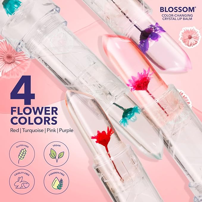 Blossom Moisturizing Custom Color Changing Crystal Lip Balm Strawberry Scented Lip Stain Tint, Mini Coconut Rollon Scented Lip Gloss, Infused with Real Flowers, 2 pk, Coconut/Purple-Velvo Beauty